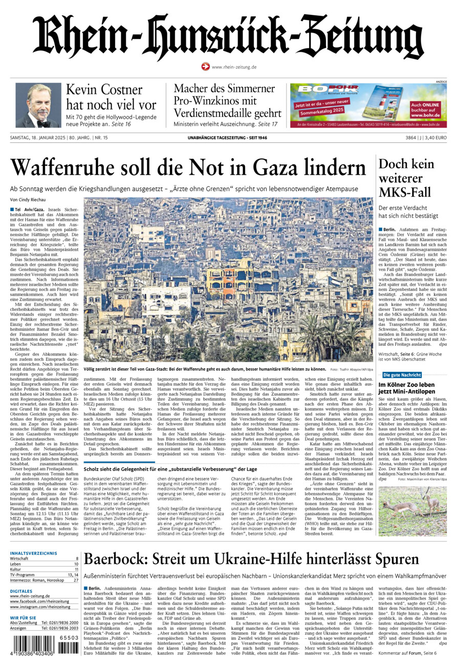 Rhein-Hunsrück-Zeitung vom Samstag, 18.01.2025