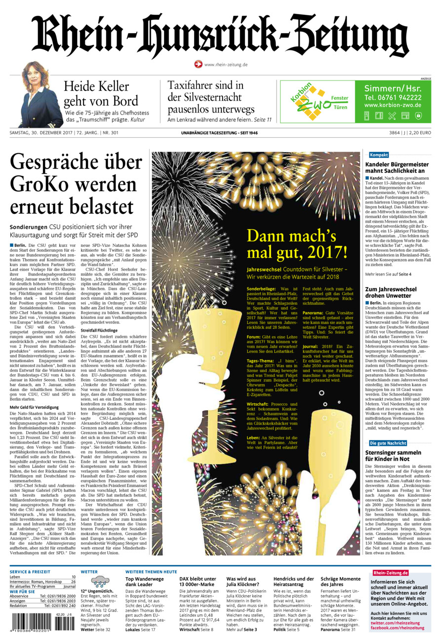 Rhein-Hunsrück-Zeitung vom Samstag, 30.12.2017