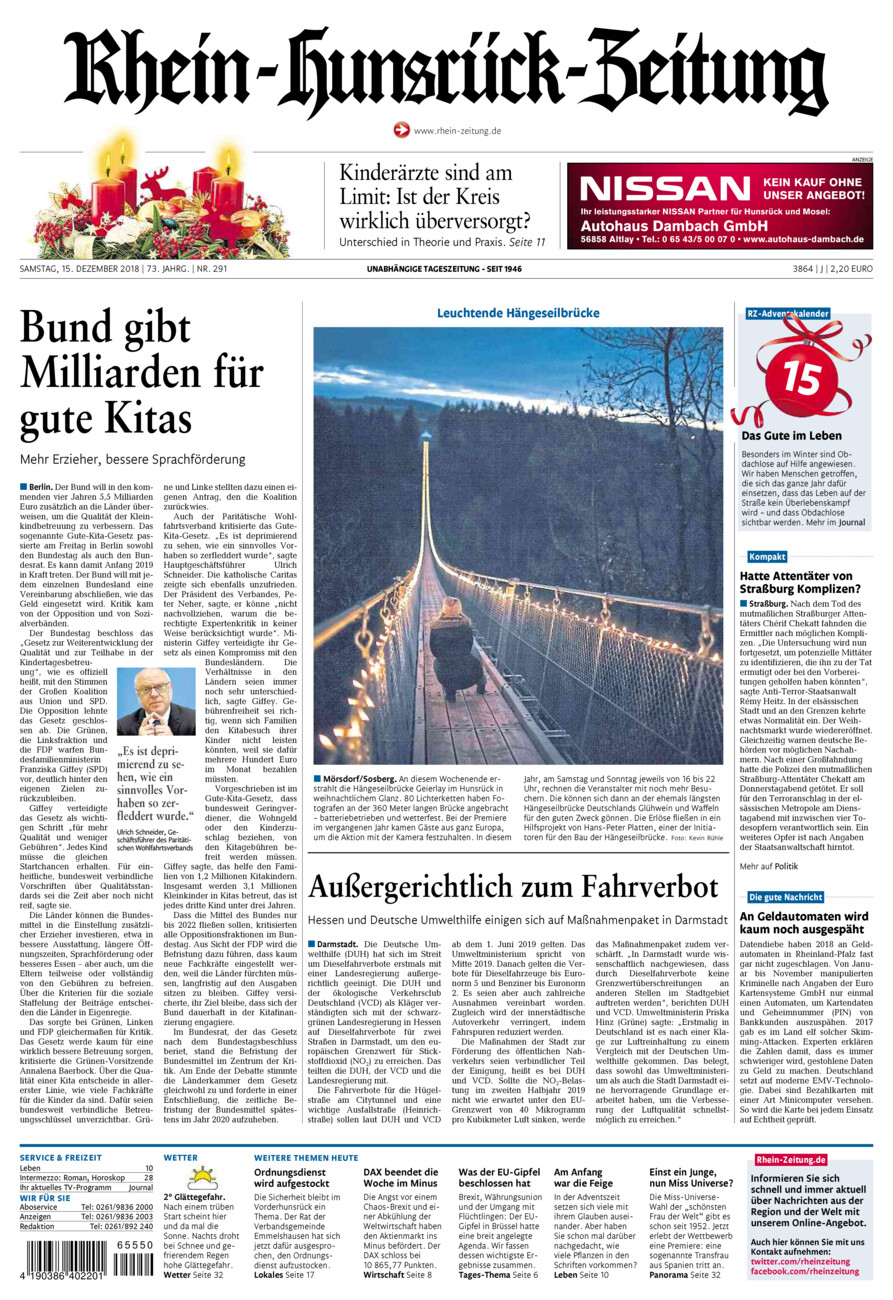 Rhein-Hunsrück-Zeitung vom Samstag, 15.12.2018