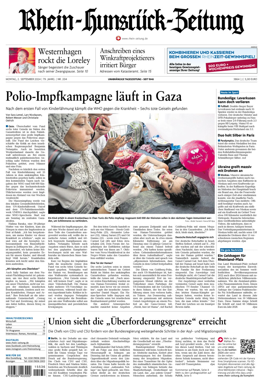 Rhein-Hunsrück-Zeitung vom Montag, 02.09.2024