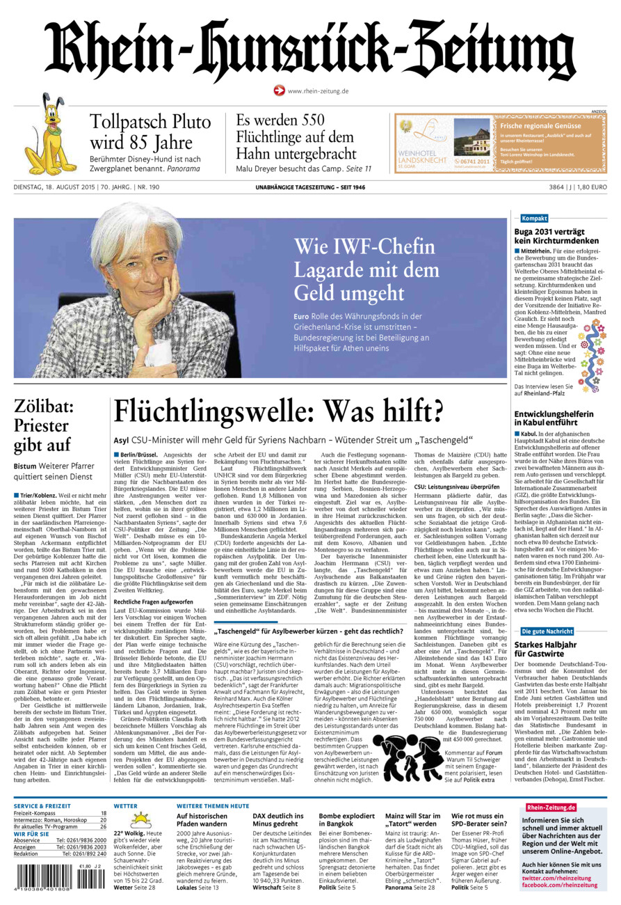 Rhein-Hunsrück-Zeitung vom Dienstag, 18.08.2015