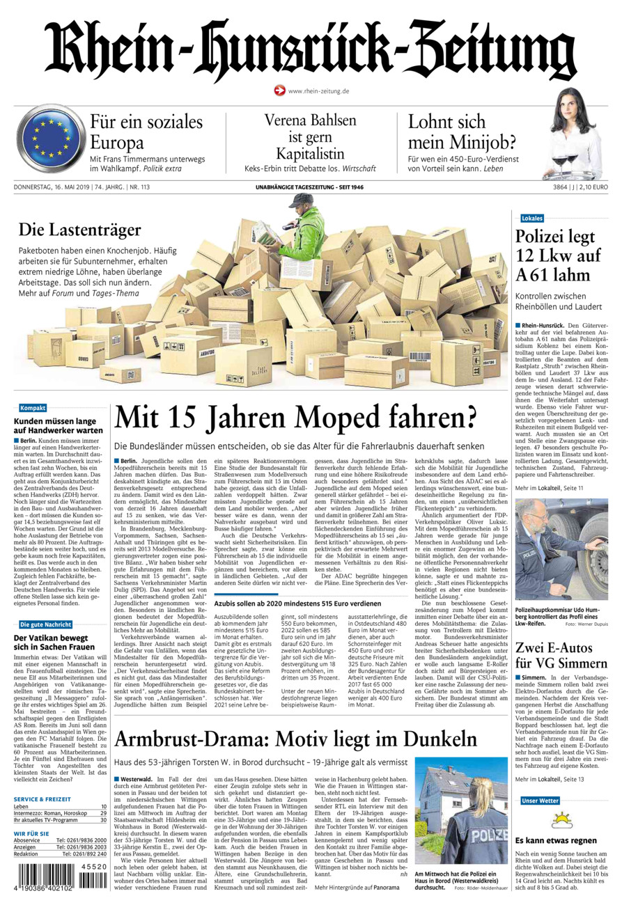 Rhein-Hunsrück-Zeitung vom Donnerstag, 16.05.2019