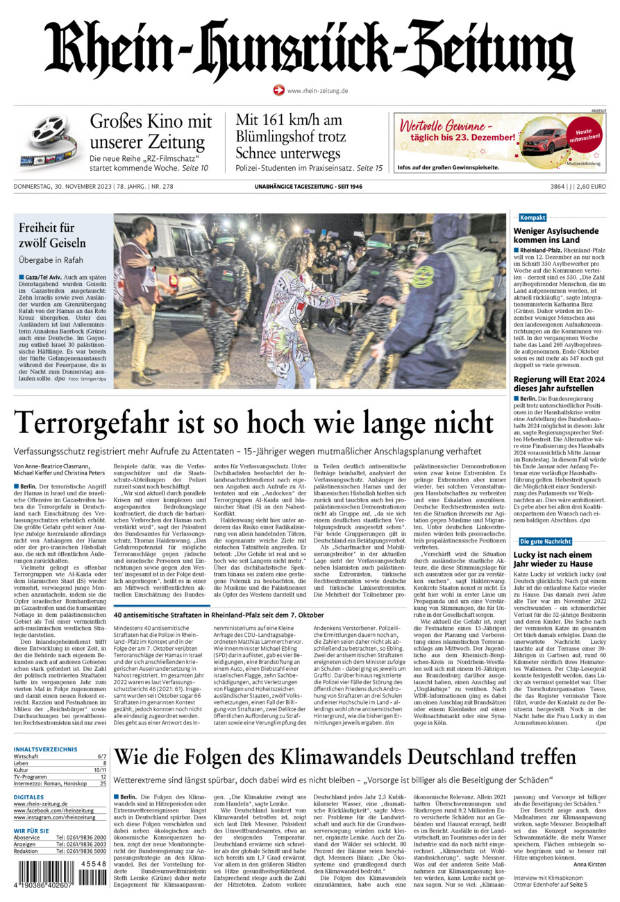 Rhein-Hunsrück-Zeitung vom Donnerstag, 30.11.2023