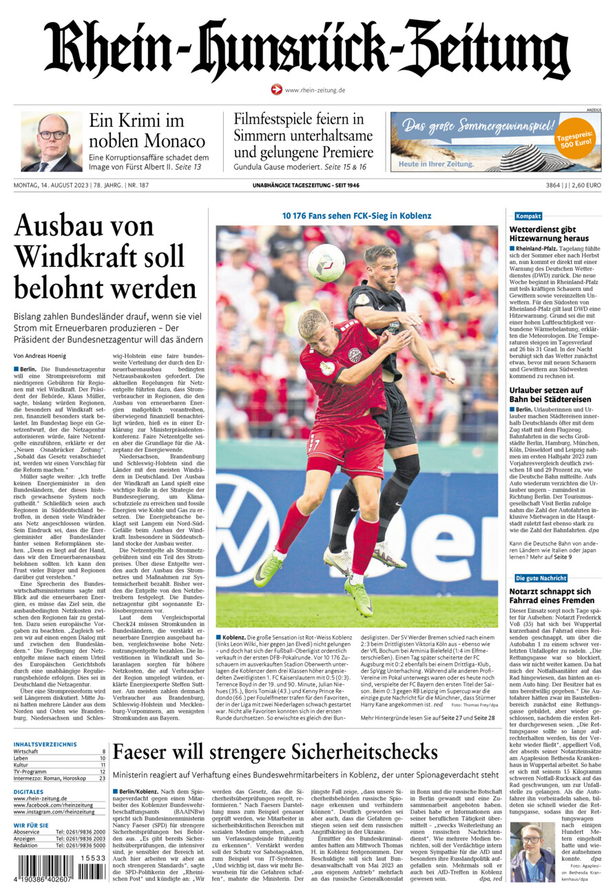 Rhein-Hunsrück-Zeitung vom Montag, 14.08.2023