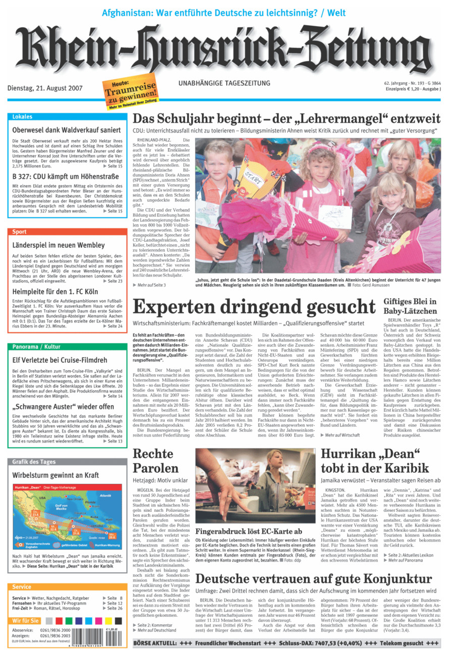 Rhein-Hunsrück-Zeitung vom Dienstag, 21.08.2007