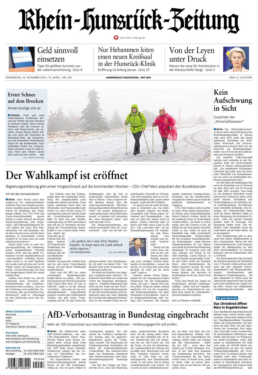 Rhein-Hunsrück-Zeitung vom Donnerstag, 14.11.2024