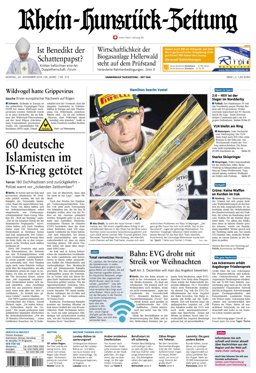 Rhein-Hunsrück-Zeitung vom Montag, 24.11.2014