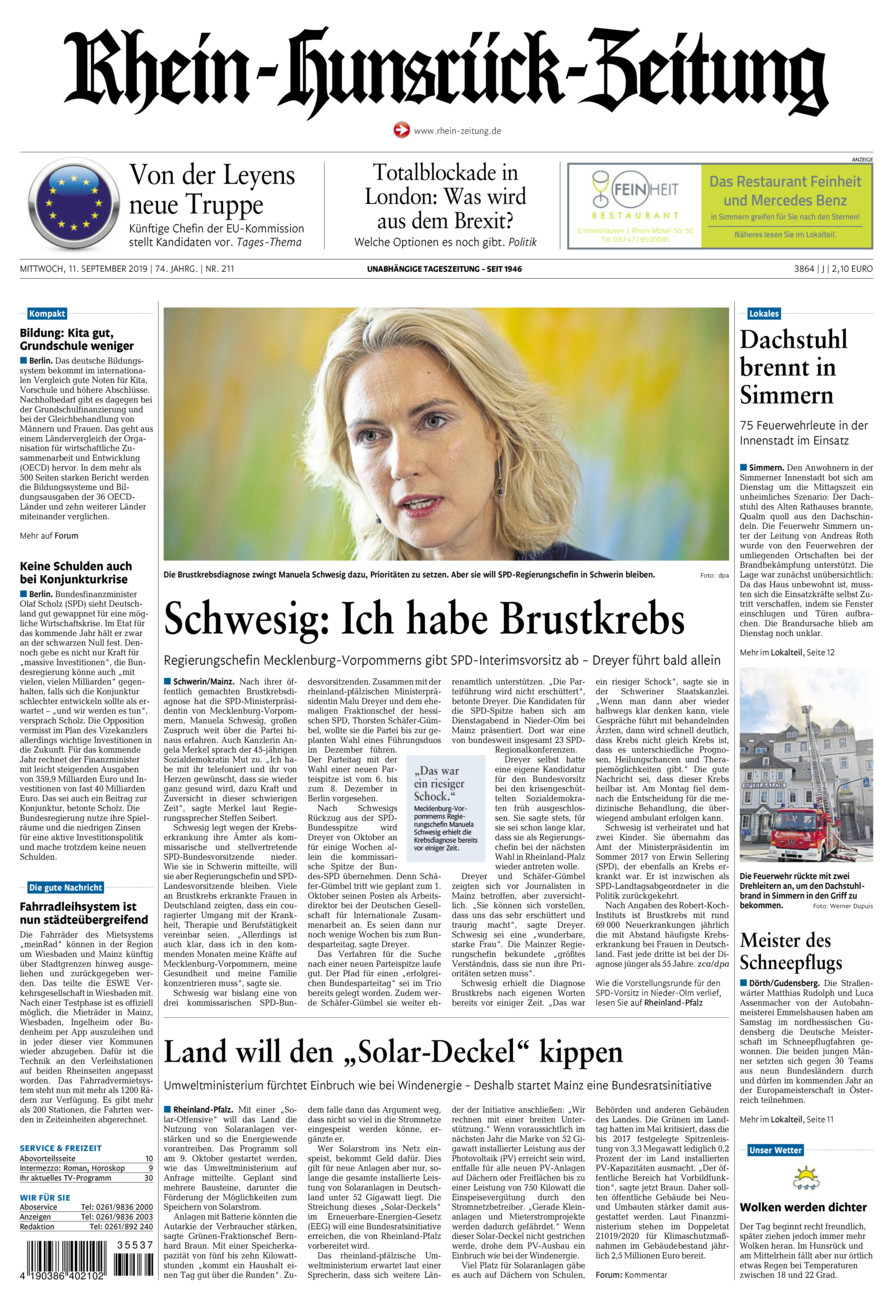Rhein-Hunsrück-Zeitung vom Mittwoch, 11.09.2019