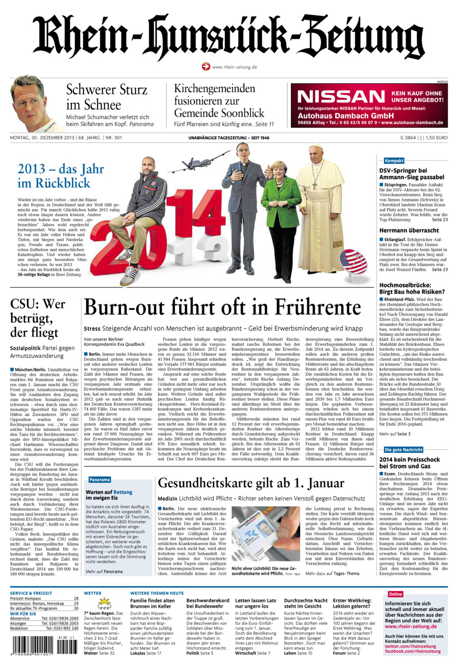 Rhein-Hunsrück-Zeitung vom Montag, 30.12.2013