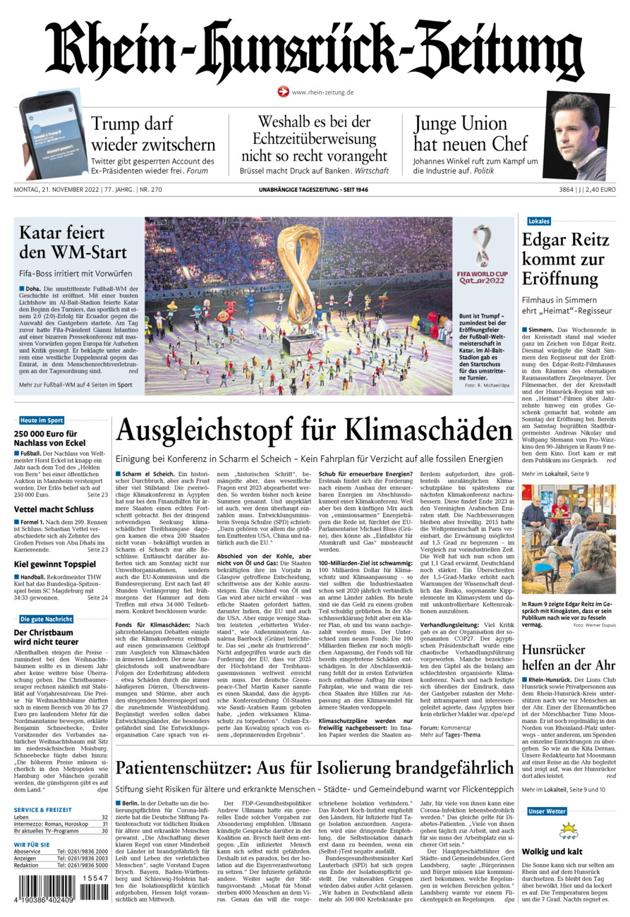 Rhein-Hunsrück-Zeitung vom Montag, 21.11.2022