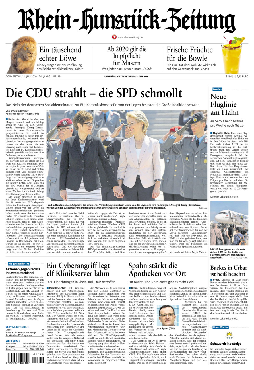 Rhein-Hunsrück-Zeitung vom Donnerstag, 18.07.2019