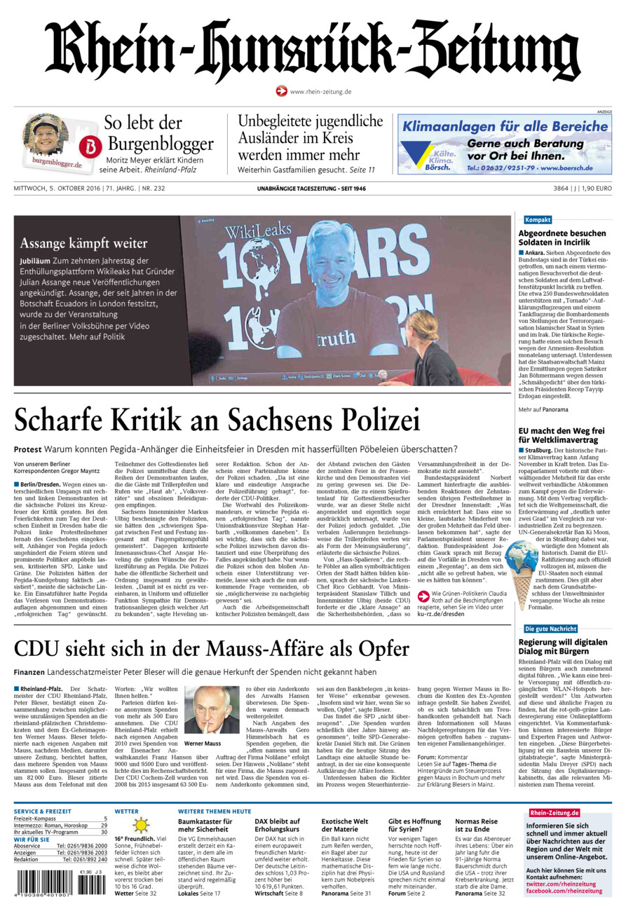 Rhein-Hunsrück-Zeitung vom Mittwoch, 05.10.2016
