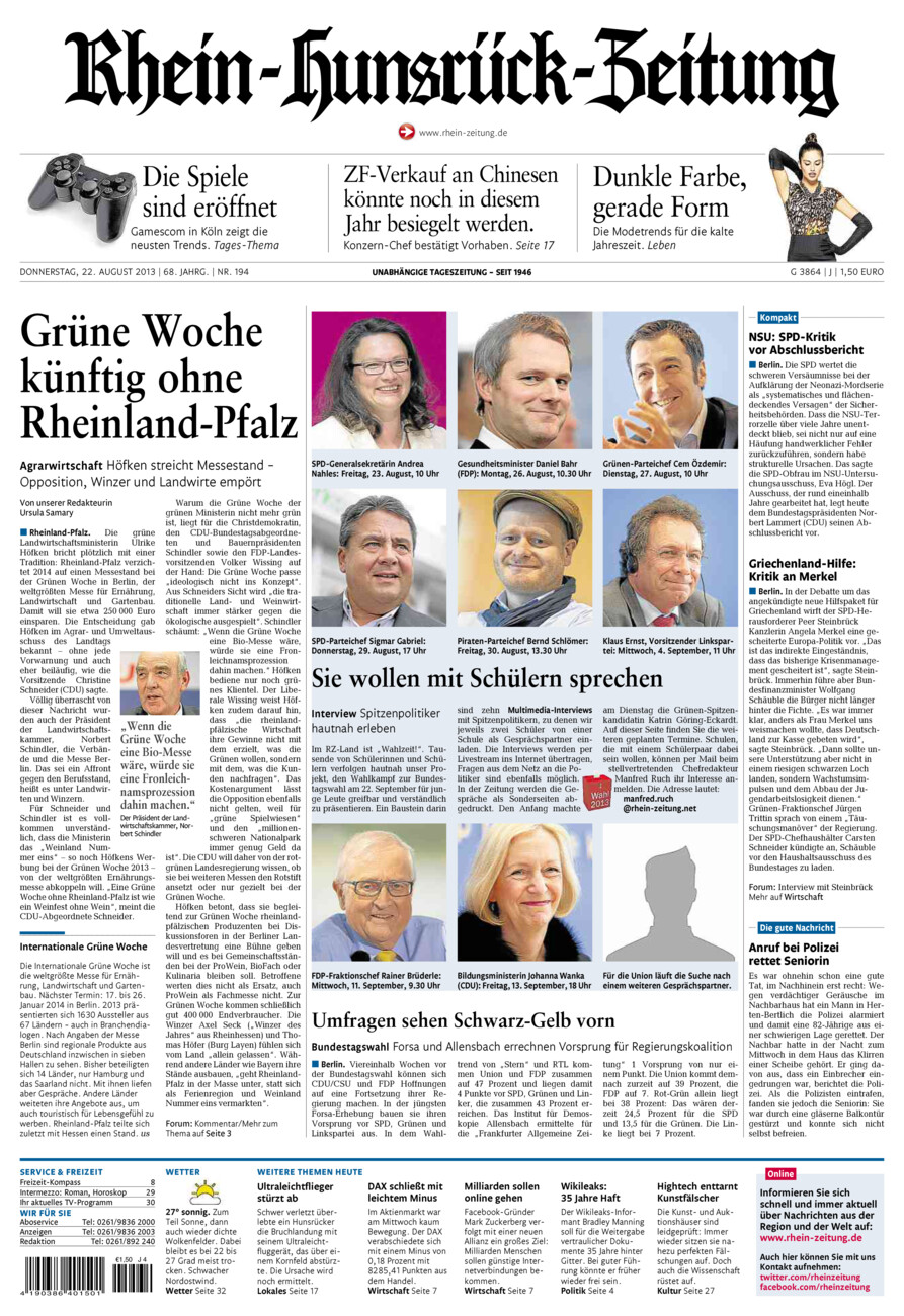 Rhein-Hunsrück-Zeitung vom Donnerstag, 22.08.2013