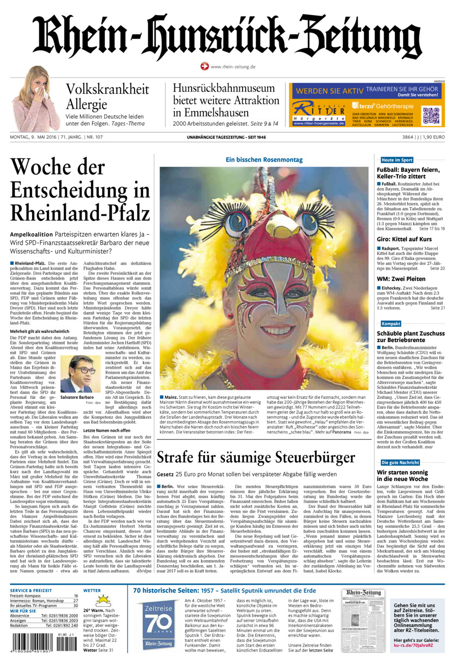 Rhein-Hunsrück-Zeitung vom Montag, 09.05.2016
