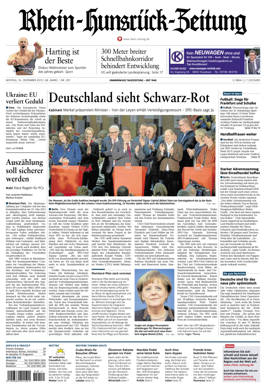 Rhein-Hunsrück-Zeitung vom Montag, 16.12.2013