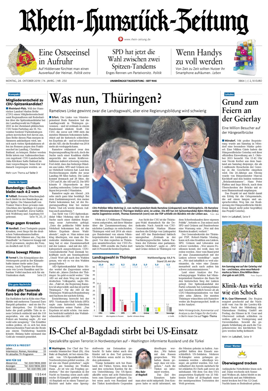 Rhein-Hunsrück-Zeitung vom Montag, 28.10.2019
