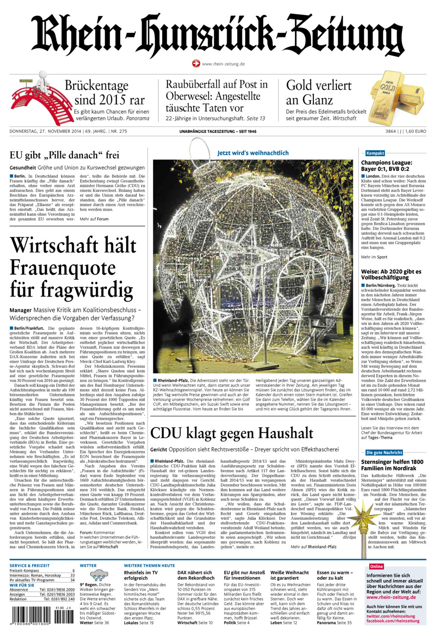 Rhein-Hunsrück-Zeitung vom Donnerstag, 27.11.2014