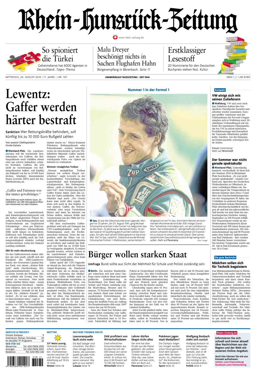 Rhein-Hunsrück-Zeitung vom Mittwoch, 24.08.2016
