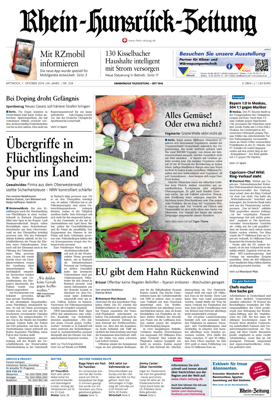 Rhein-Hunsrück-Zeitung vom Mittwoch, 01.10.2014