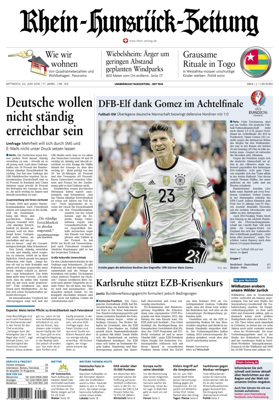 Rhein-Hunsrück-Zeitung vom Mittwoch, 22.06.2016