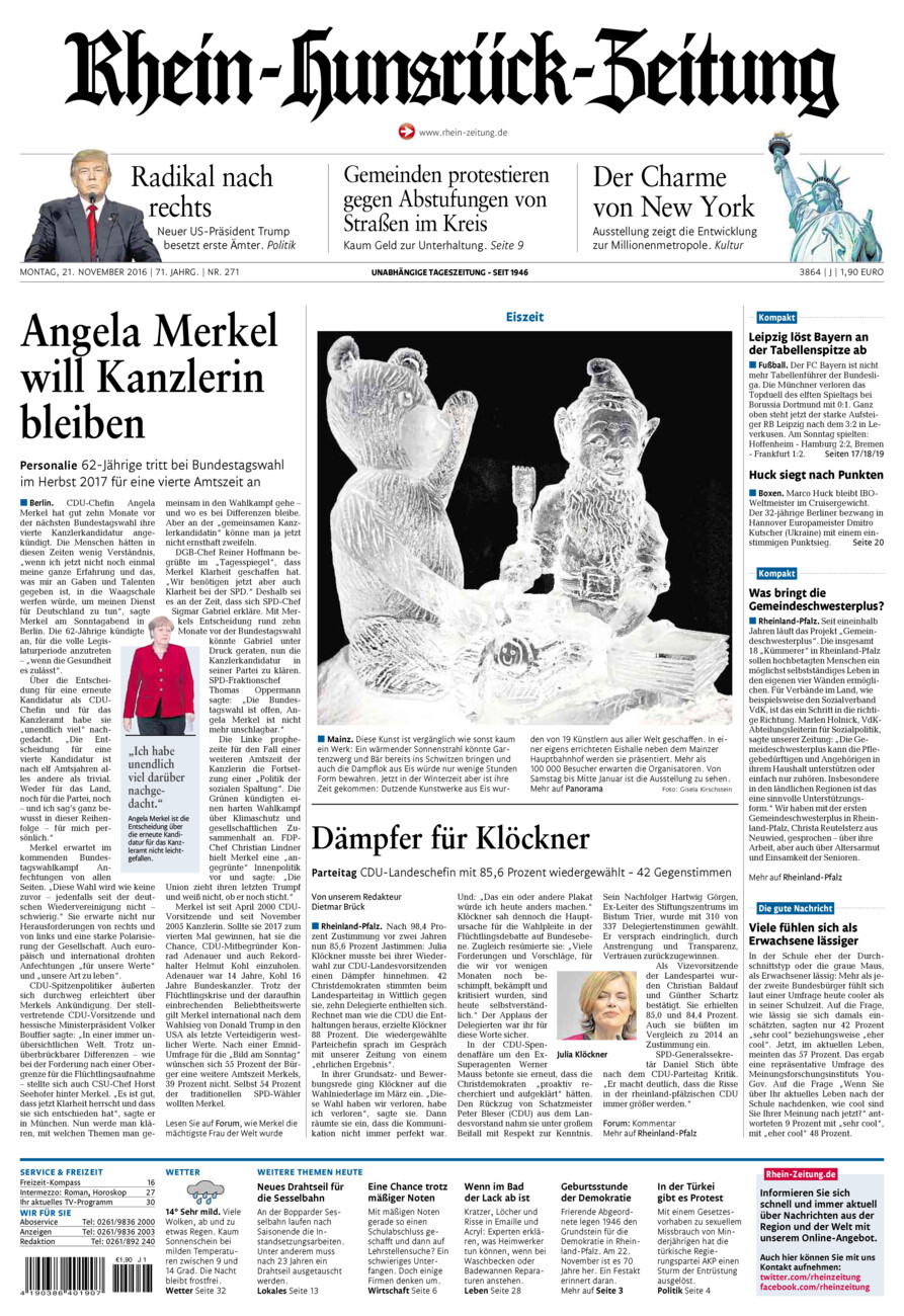 Rhein-Hunsrück-Zeitung vom Montag, 21.11.2016