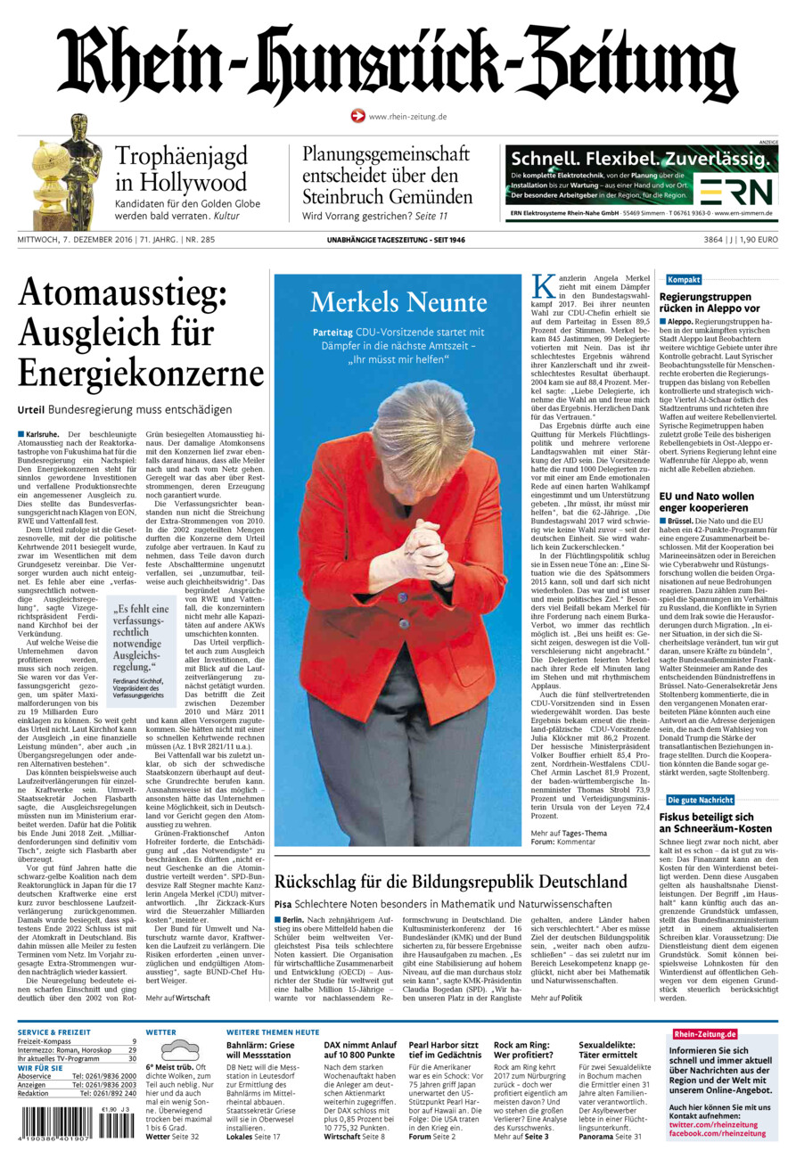 Rhein-Hunsrück-Zeitung vom Mittwoch, 07.12.2016