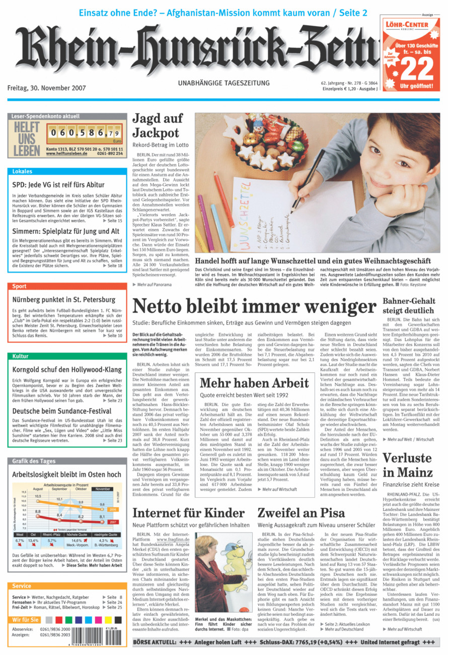 Rhein-Hunsrück-Zeitung vom Freitag, 30.11.2007