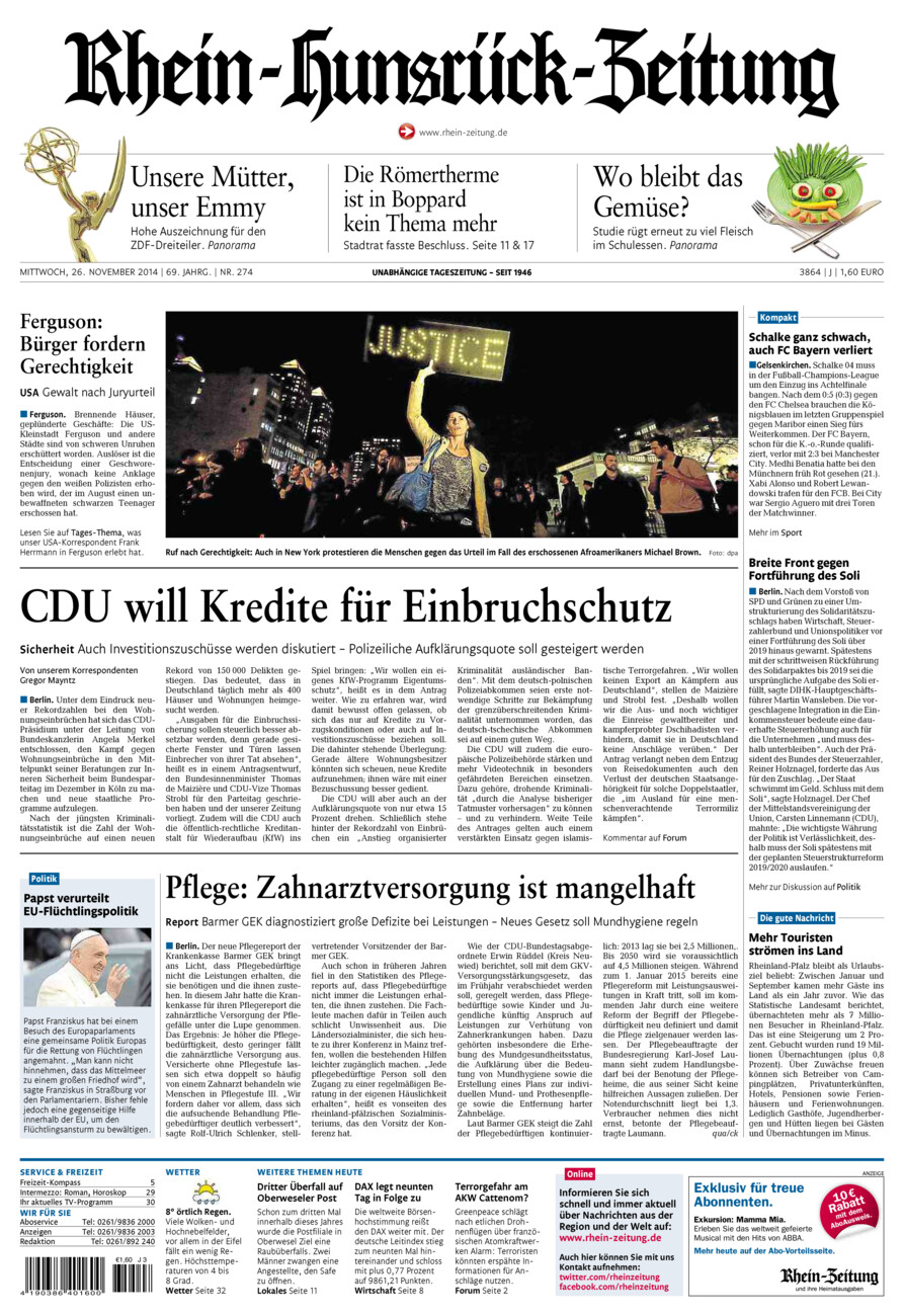 Rhein-Hunsrück-Zeitung vom Mittwoch, 26.11.2014