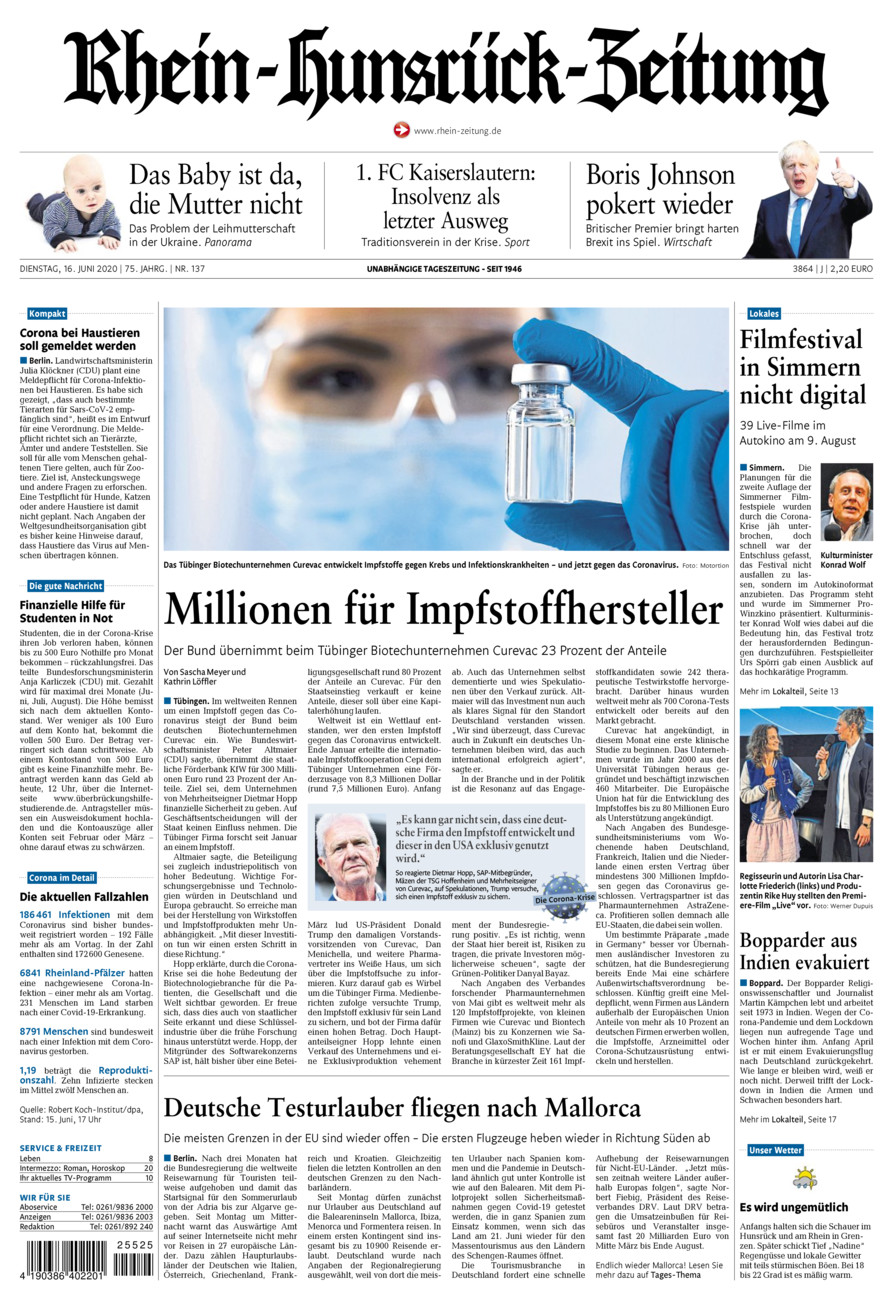 Rhein-Hunsrück-Zeitung vom Dienstag, 16.06.2020