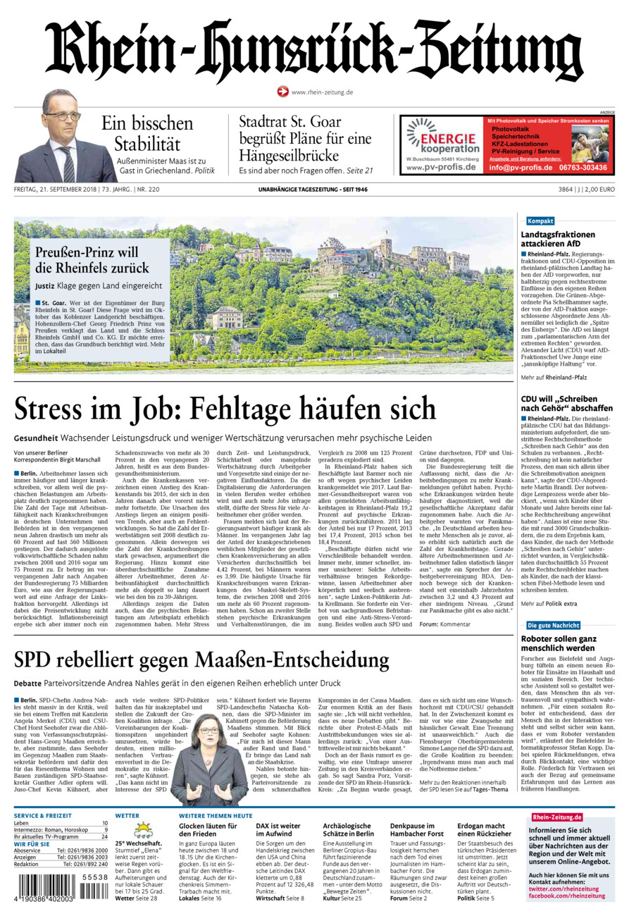 Rhein-Hunsrück-Zeitung vom Freitag, 21.09.2018
