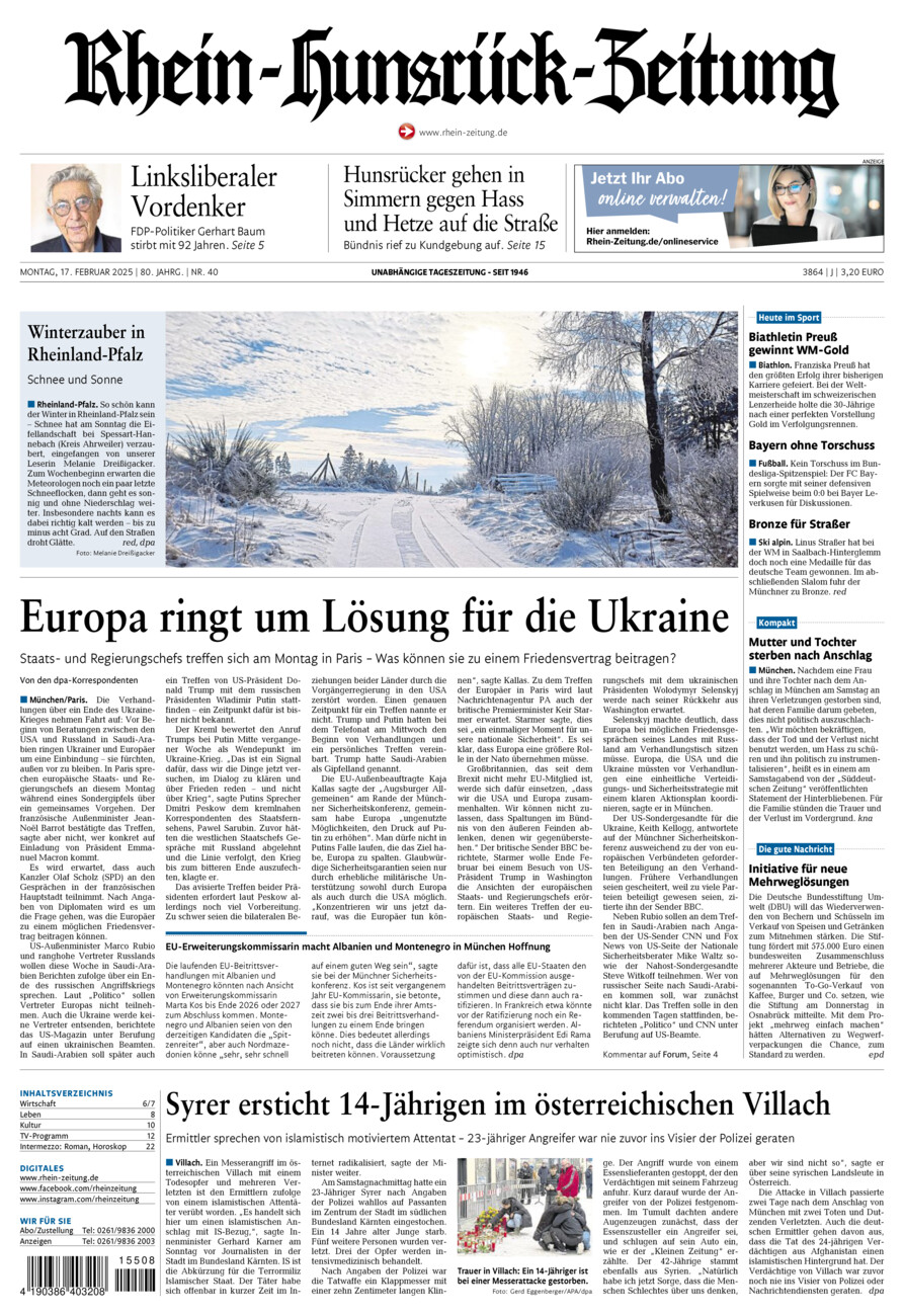 Rhein-Hunsrück-Zeitung vom Montag, 17.02.2025