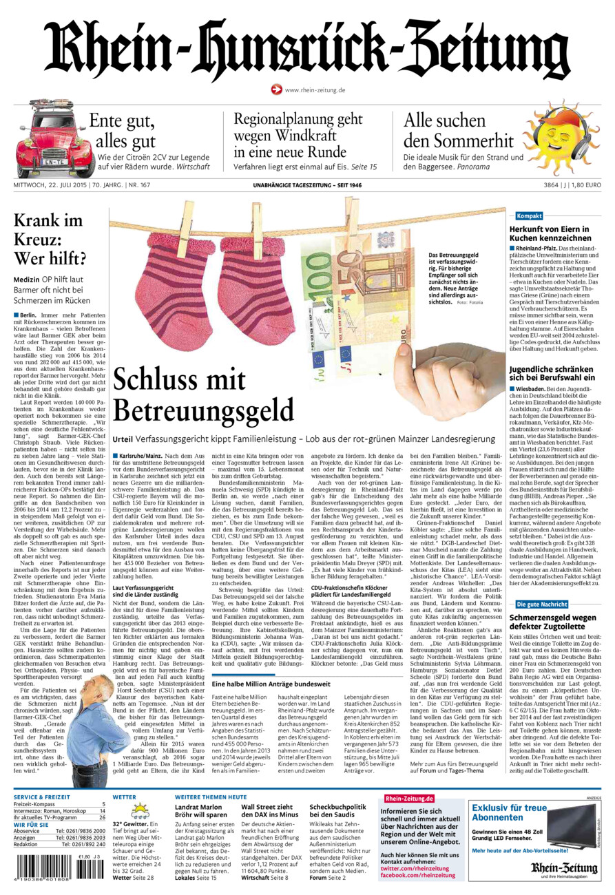 Rhein-Hunsrück-Zeitung vom Mittwoch, 22.07.2015