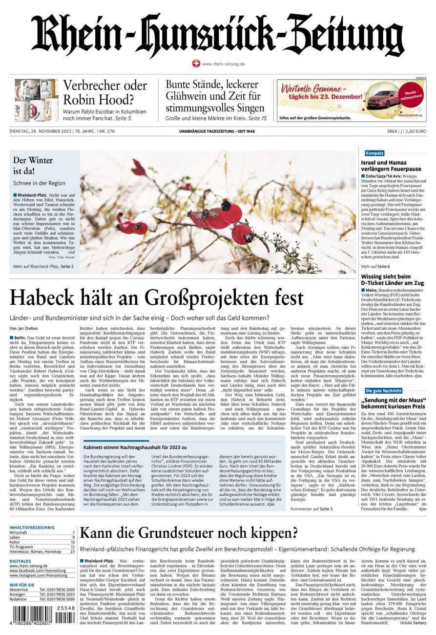 Rhein-Hunsrück-Zeitung vom Dienstag, 28.11.2023