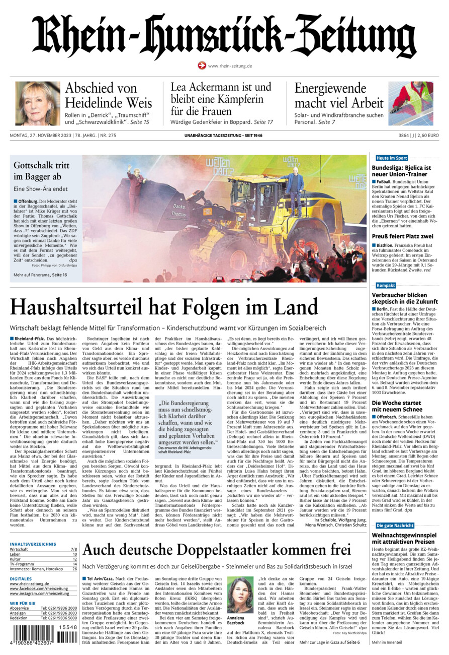 Rhein-Hunsrück-Zeitung vom Montag, 27.11.2023