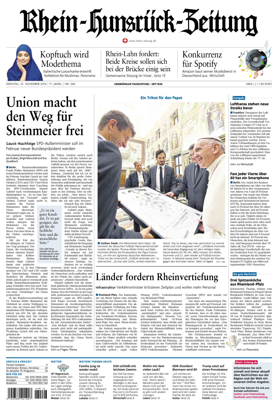 Rhein-Hunsrück-Zeitung vom Dienstag, 15.11.2016