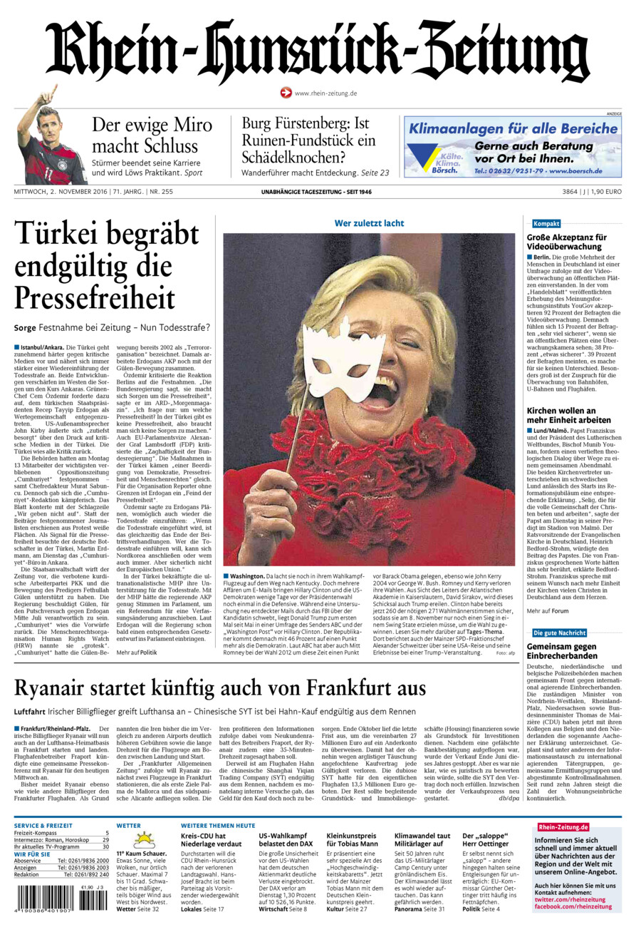 Rhein-Hunsrück-Zeitung vom Mittwoch, 02.11.2016
