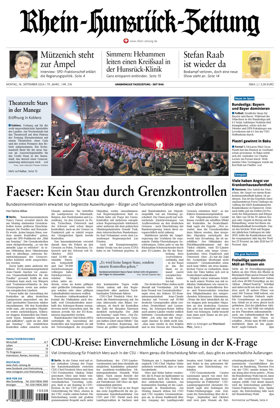 Rhein-Hunsrück-Zeitung vom Montag, 16.09.2024