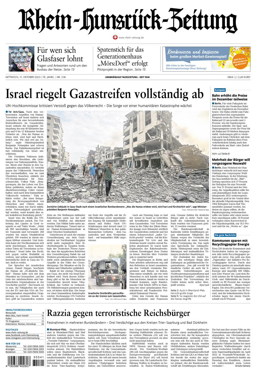 Rhein-Hunsrück-Zeitung vom Mittwoch, 11.10.2023