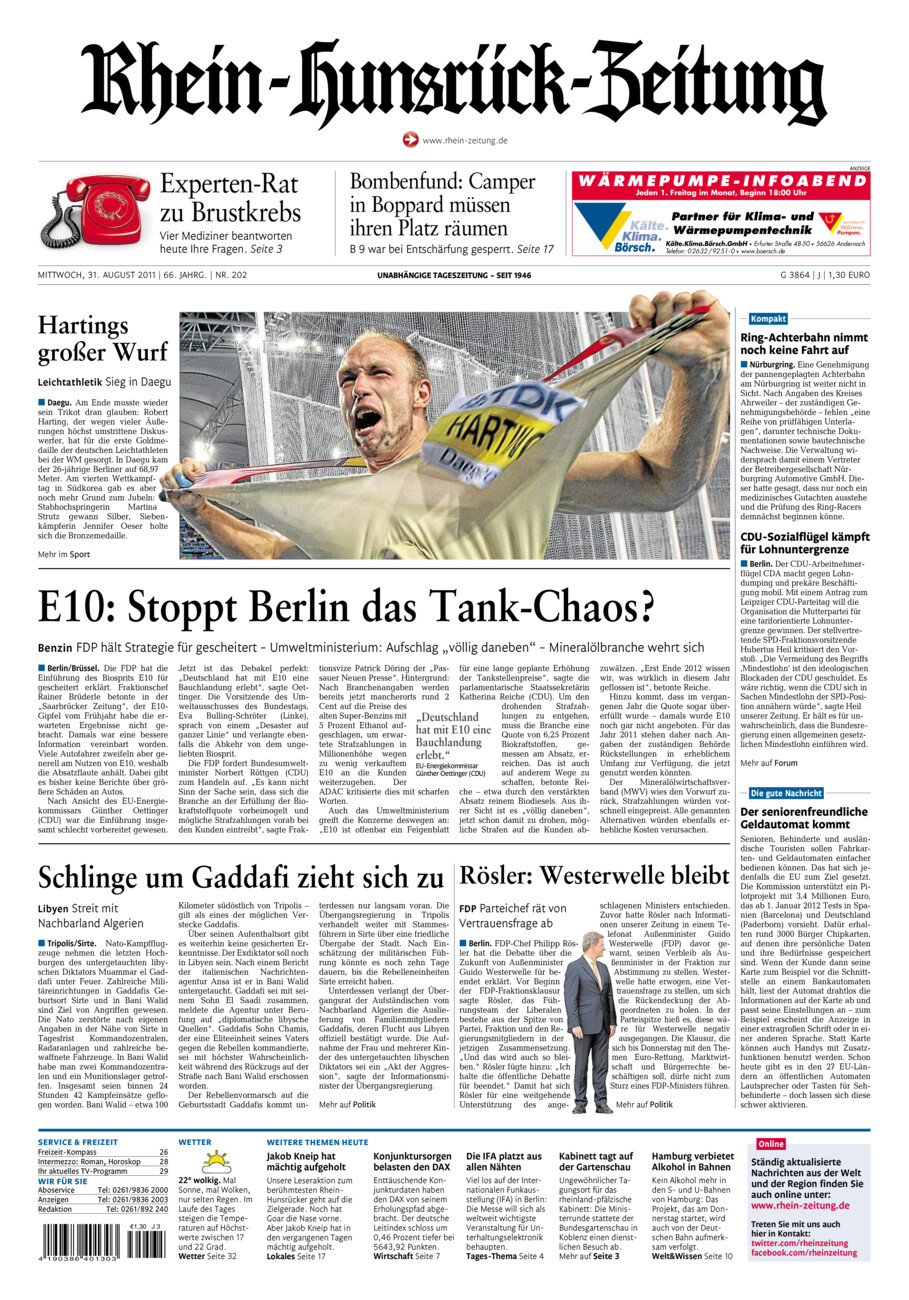 Rhein-Hunsrück-Zeitung vom Mittwoch, 31.08.2011