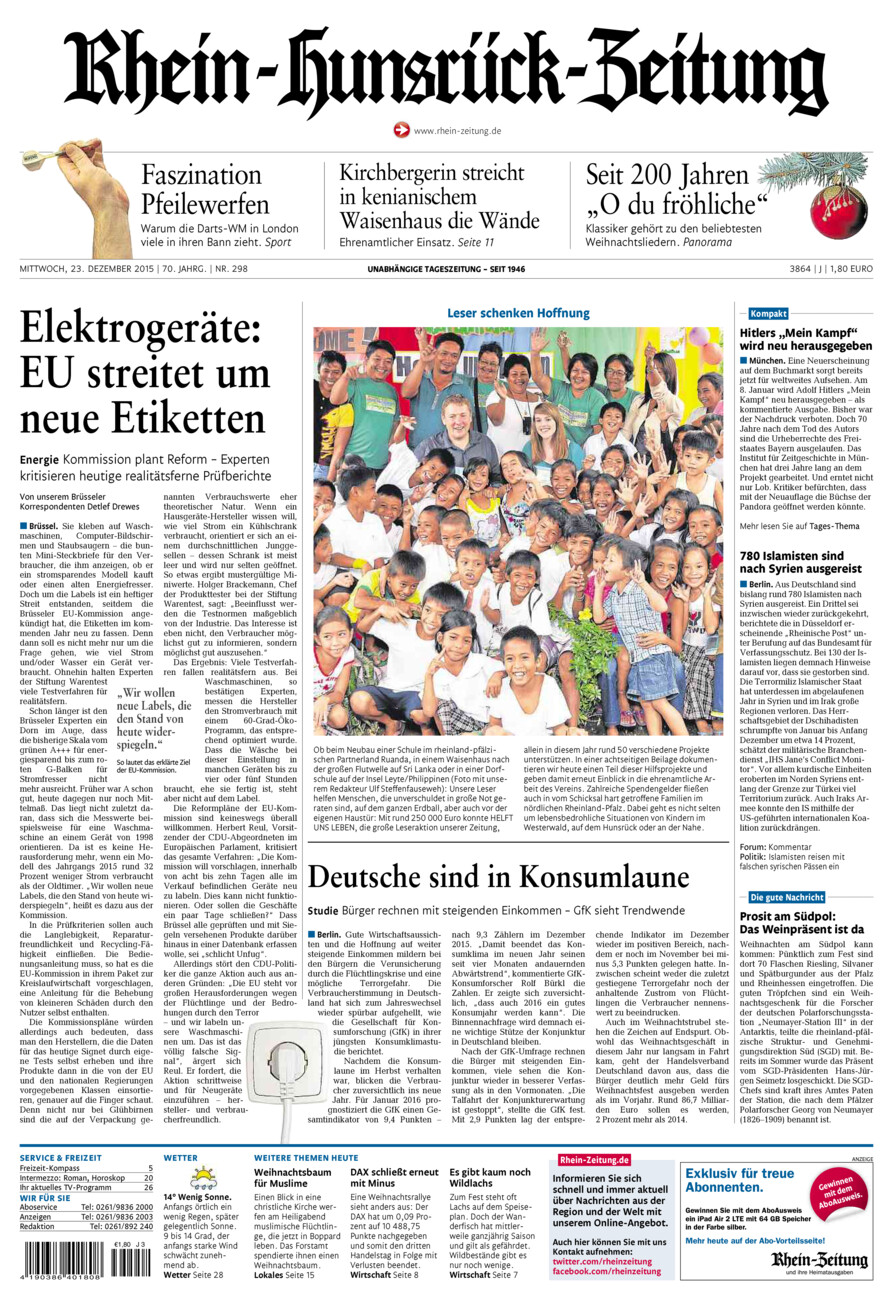 Rhein-Hunsrück-Zeitung vom Mittwoch, 23.12.2015
