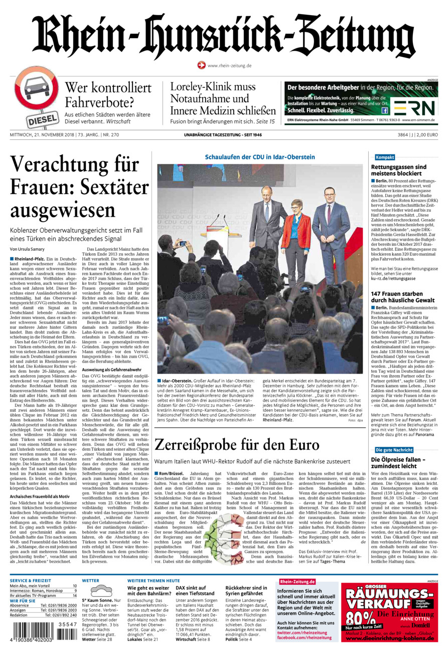 Rhein-Hunsrück-Zeitung vom Mittwoch, 21.11.2018