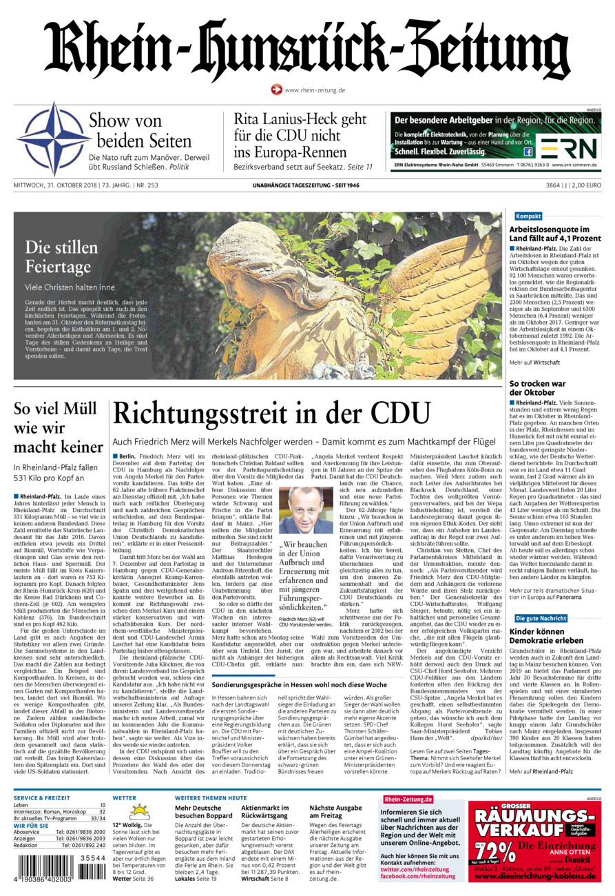 Rhein-Hunsrück-Zeitung vom Mittwoch, 31.10.2018