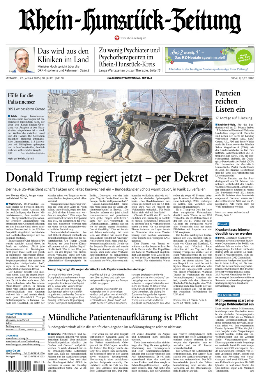 Rhein-Hunsrück-Zeitung vom Mittwoch, 22.01.2025