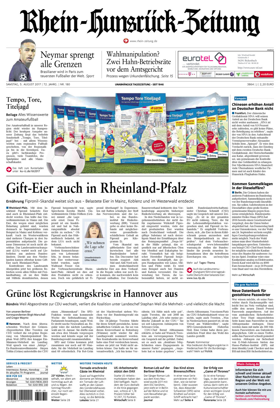 Rhein-Hunsrück-Zeitung vom Samstag, 05.08.2017