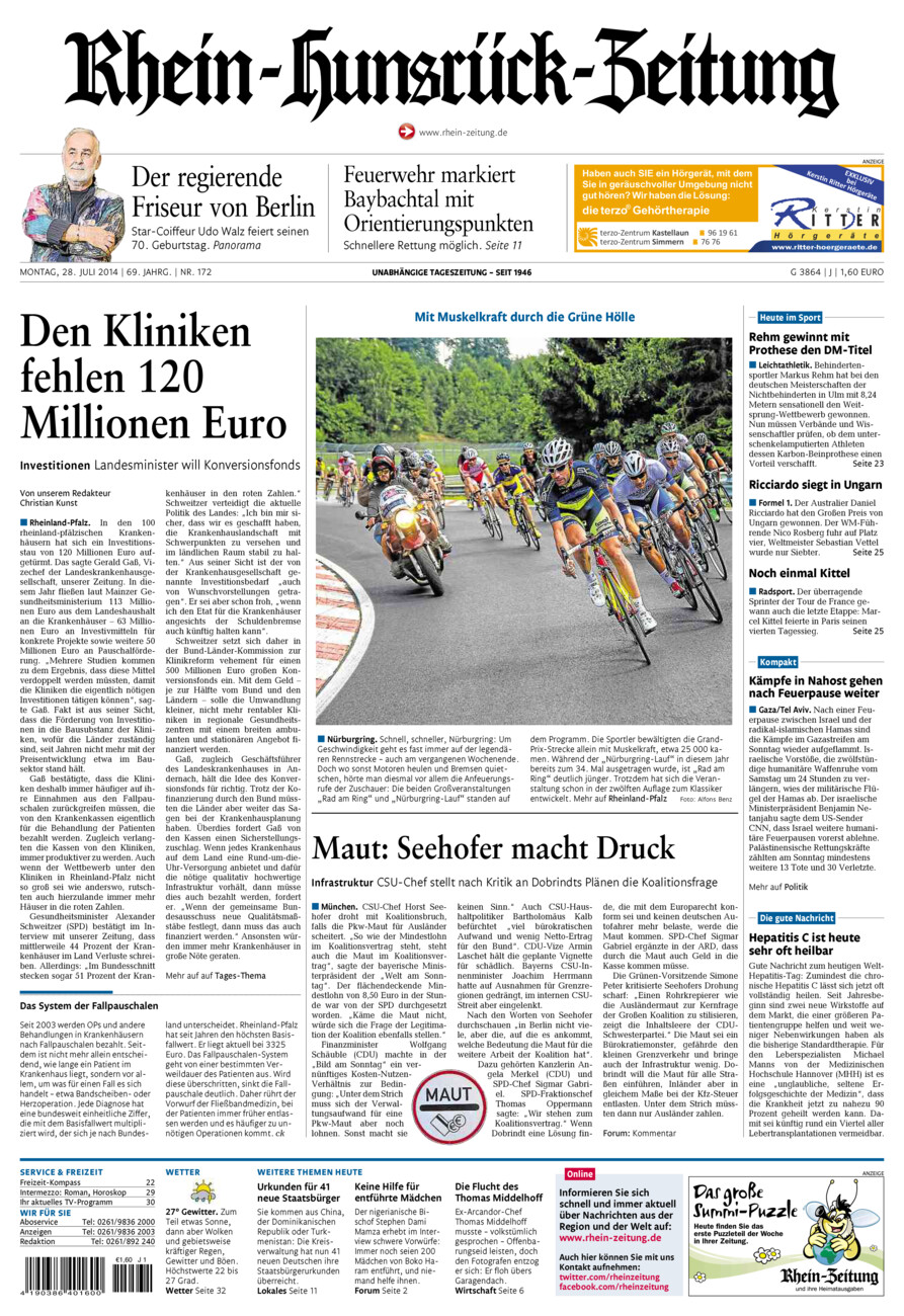 Rhein-Hunsrück-Zeitung vom Montag, 28.07.2014