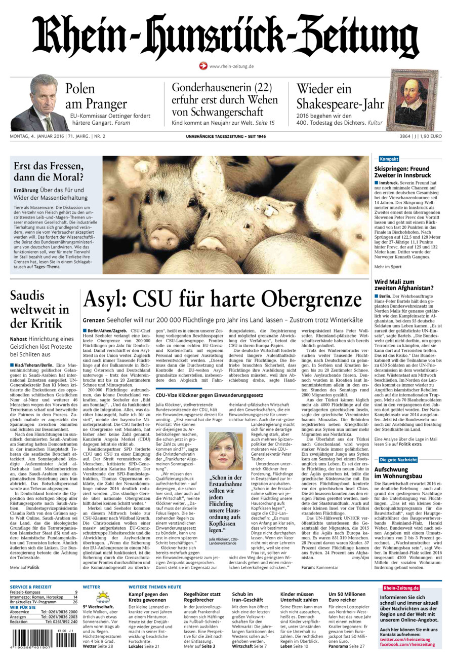 Rhein-Hunsrück-Zeitung vom Montag, 04.01.2016
