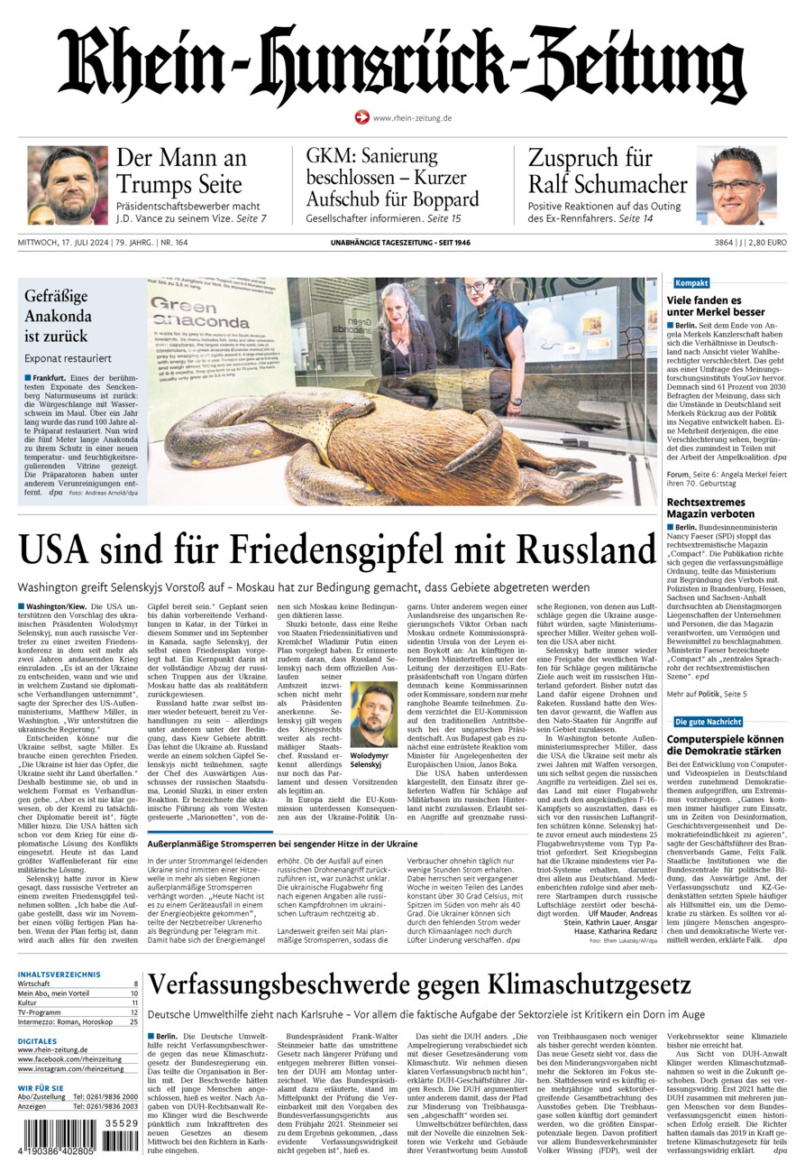 Rhein-Hunsrück-Zeitung vom Mittwoch, 17.07.2024