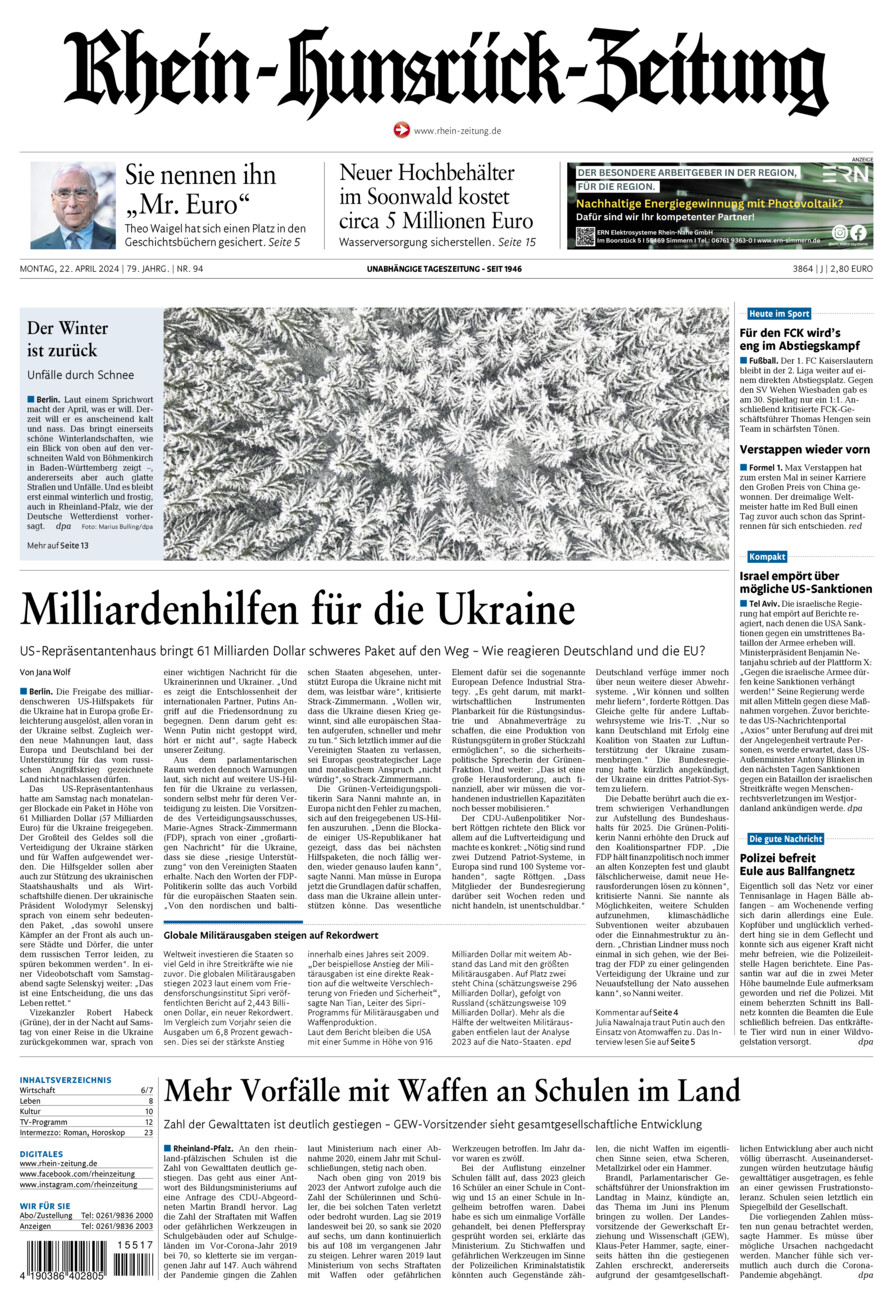 Rhein-Hunsrück-Zeitung vom Montag, 22.04.2024