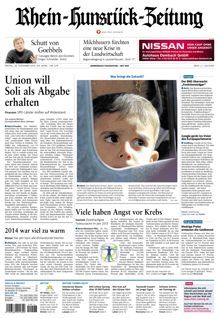 Rhein-Hunsrück-Zeitung vom Freitag, 28.11.2014