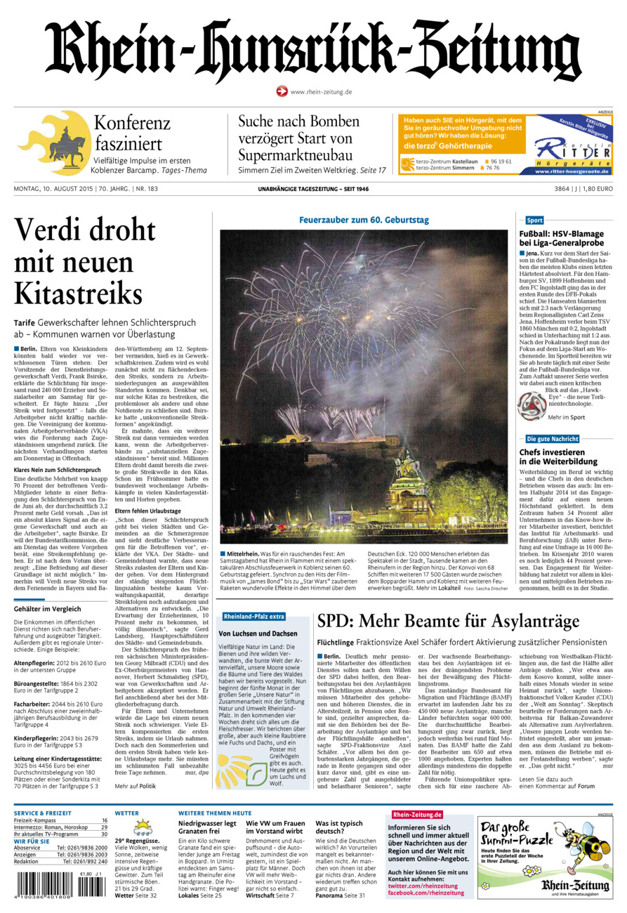 Rhein-Hunsrück-Zeitung vom Montag, 10.08.2015